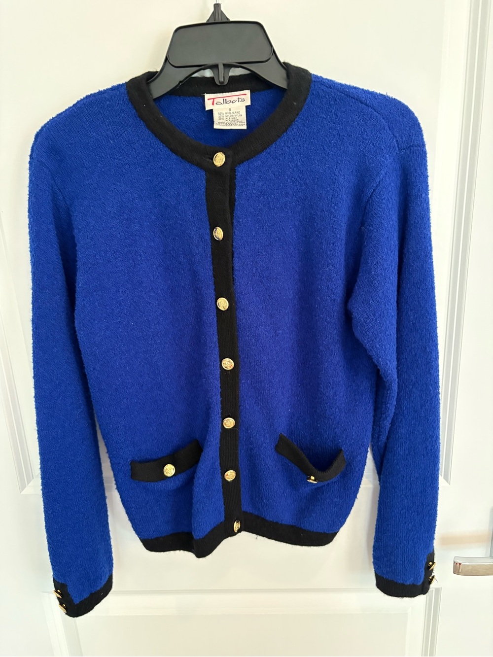 Talbots Cobalt Blue Cardigan with Black Trim and Gold Buttons